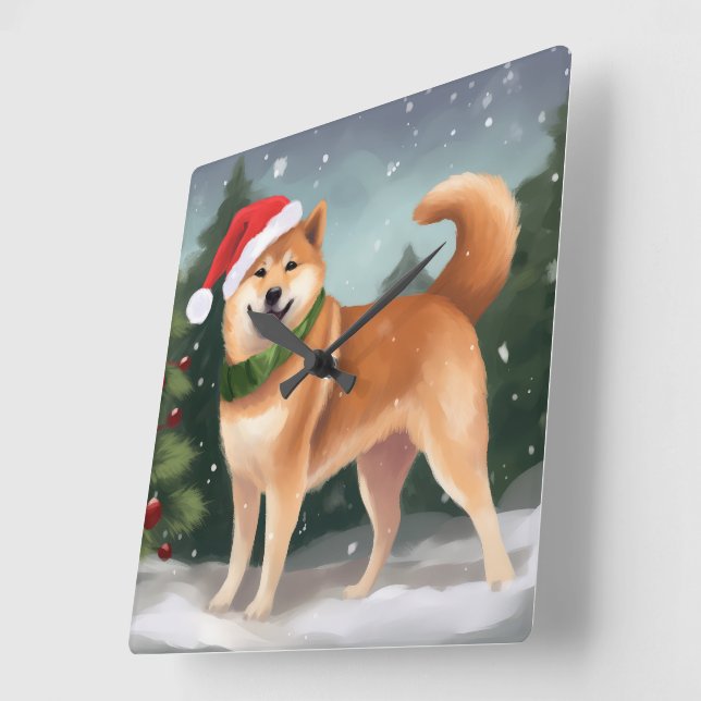 Relógio Quadrado Cão Shiba Inu no Natal da Neve (Ângulo)