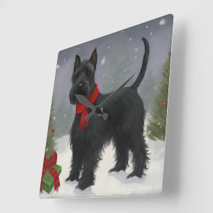 Relógio Quadrado Cão Terrier Escocês na Neve Natal
