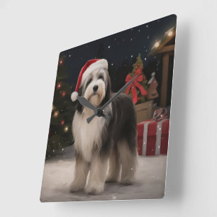 Relógio Quadrado Cão Terrier Tibetano na neve Natal 