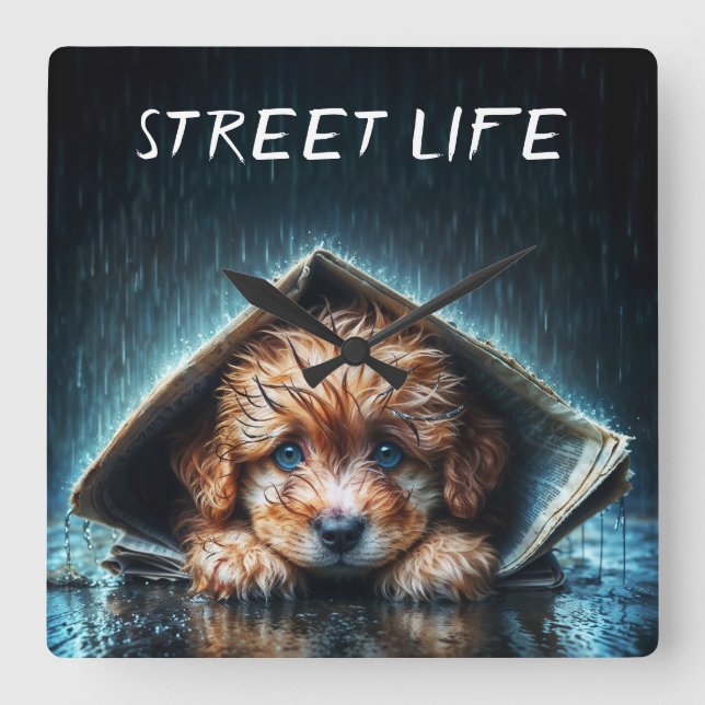 Relógio Quadrado Cãozinho molhado adorável sob abrigo de jornal (Frente)