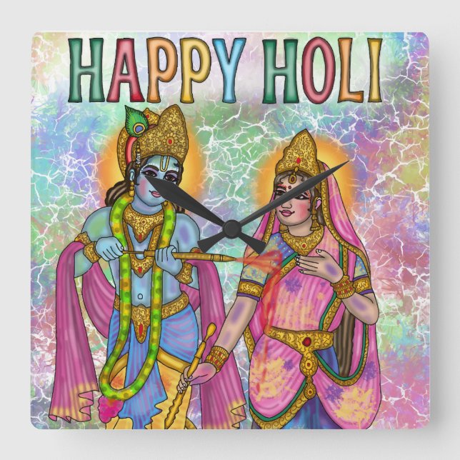 Relógio Quadrado Capa de telefone Radha Krishna brincando Holi (Frente)