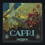 Relógio Quadrado Capri, Itália, Viagens vintage Art Italia<br><div class="desc">Vintage - Vintage - Etiqueta europeia de poster de viagens ou bagagem da Ilha de Capri,  em Itália,  com uma vista de uma vila da ilha,  da praia,  da bela costa e da água azul do Mar Mediterrâneo. No texto lê-se Capri Italia.</div>