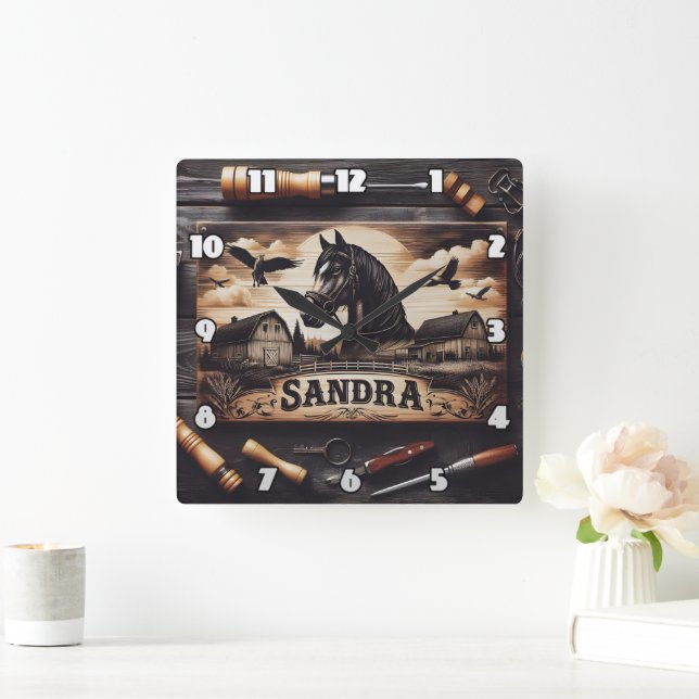 Relógio Quadrado Captura Personalizada de Madeira de Cavalos e Barn (Lar)