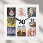 Relógio Quadrado cara de 70 de colagem de fotos<br><div class="desc">Um relógio de parede como presente para um 70 de aniversário para uma cara,  celebrando sua vida com uma colagem de 8 fotos suas. Modelos de nome,  70 anos e data. Data de nascimento ou data do aniversário. Letras pretas coloridas. Fundo branco.</div>
