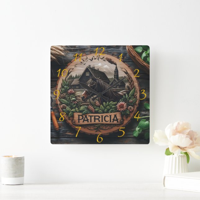 Relógio Quadrado Carcaça de Madeira de Cavalo Perto de Farmhouse Ru (Lar)