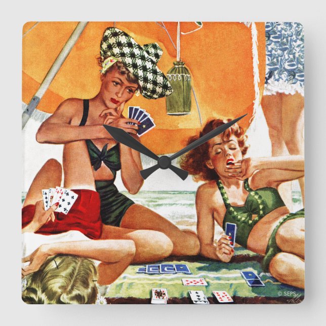 Relógio Quadrado Card Game at the Beach by Alex Ross (Frente)