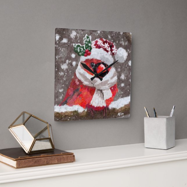 Relógio Quadrado Cardeal Bird Scarf & Hat no Natal da Neve (Escritório)