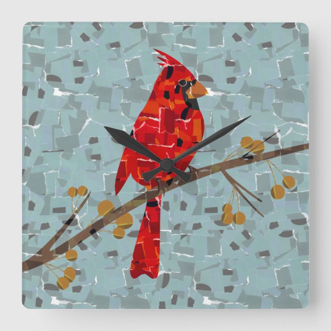 Relógio Quadrado Cardinal Vermelho, o pássaro do Natal (Frente)