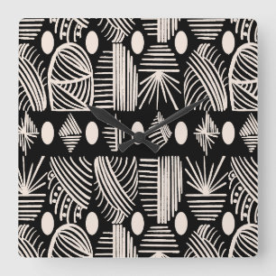 Relógio Quadrado Caribe Tribal Mudcloth: Preto, Branco,