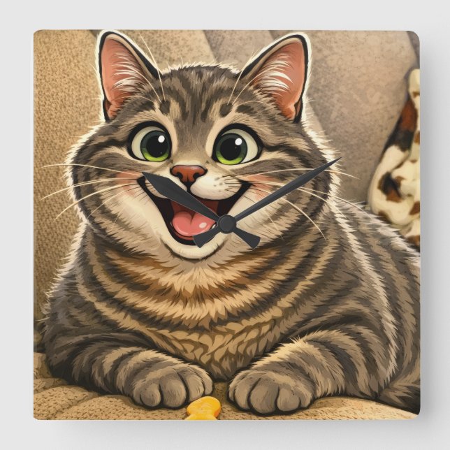 Relógio Quadrado Caricatura de gato (Frente)