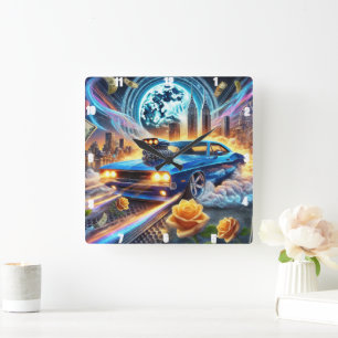 Relógio Quadrado Carro Muscular Azul Vibrante Com Fundo Da Cidade