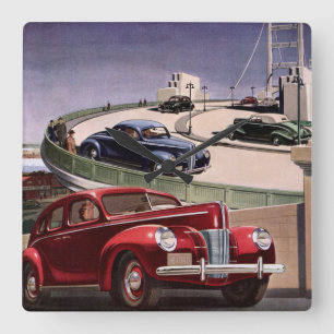 Relógio Quadrado Carros Antigos, Viagem de Sedãs Clássicos na Rodov