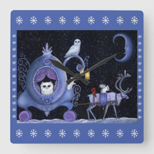Relógio Quadrado Carruagem Azul, Inverno, Coruja Branca de Neve