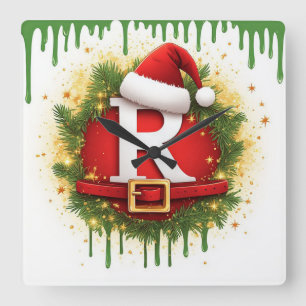 Relógio Quadrado Carta de Natal R com Chapéu de Papai Noel Presente