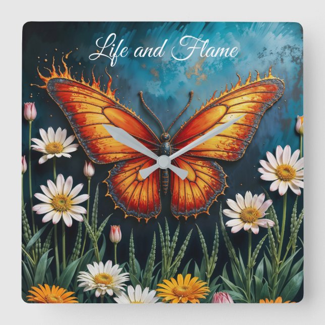 Relógio Quadrado Cartaz-borboleta-de-fogo trabalho de arte chamomil (Frente)
