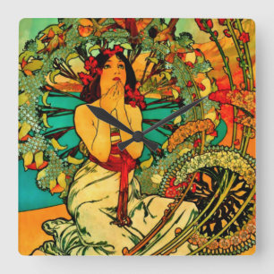 Relógio Quadrado Cartaz de Mônaco Monte Carlo por Alphonse Mucha