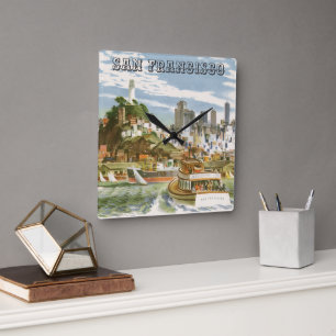 Relógio Quadrado Cartaz de viagem da Baía de São Francisco antigo F