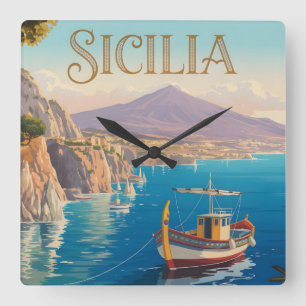 Relógio Quadrado Cartaz de Viagem em Estilo Vintage para Sicília It