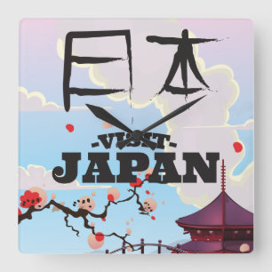 Relógio Quadrado Cartaz de viagem retrô Visite o Japão.