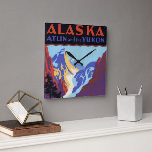 Relógio Quadrado Cartaz de Viagem Vintage do Alasca, Atlin e o Yuko