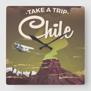 Relógio Quadrado Cartaz de viagem vintage do vulcão do Chile
