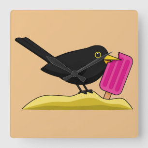 Relógio Quadrado Cartoon Blackbird Comendo Um Sorvete
