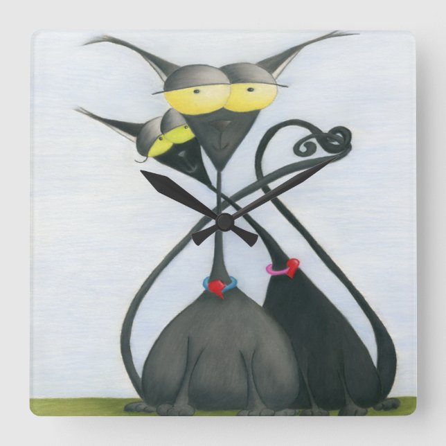 Relógio Quadrado Cartoon de gato preto e Cinza (Frente)