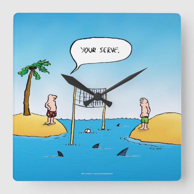 Relógio Quadrado Cartoon Engraçado de Voleibol de Tubarão (Frente)