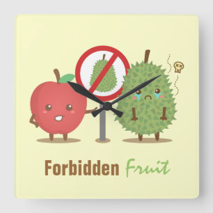 Relógio Quadrado Cartum Engraçado, Fruta Proibida, Maçã e Durião