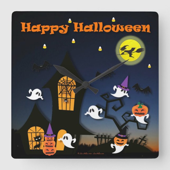 Relógio Quadrado Casa Assombrada Feliz Halloween (Frente)