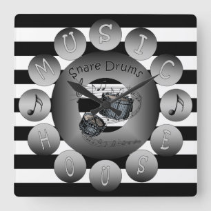 Relógio Quadrado Casa Clock~Snare Drums~Spiral Scale~Stripes da