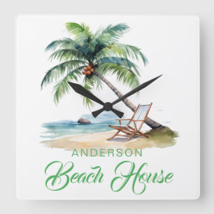 Relógio Quadrado Casa de Praia Sobrenome Personalizado