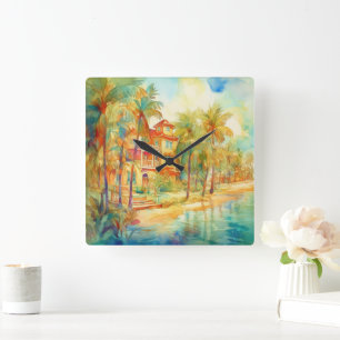 RELÓGIO QUADRADO CASA PASTEL WATERCOLOR NO LOCAL DA PRAIA