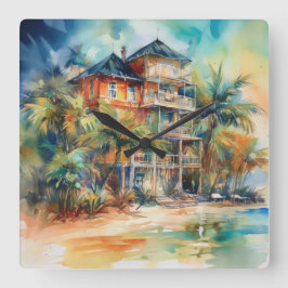 RELÓGIO QUADRADO CASA PASTEL WATERCOLOR NO LOCAL DA PRAIA
