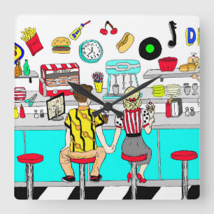 Relógio Quadrado casal de 1950 segurando mãos no jantar