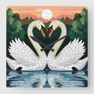 Relógio Quadrado Casal de Cisnes em Mosaico Formando Forma de Coraç