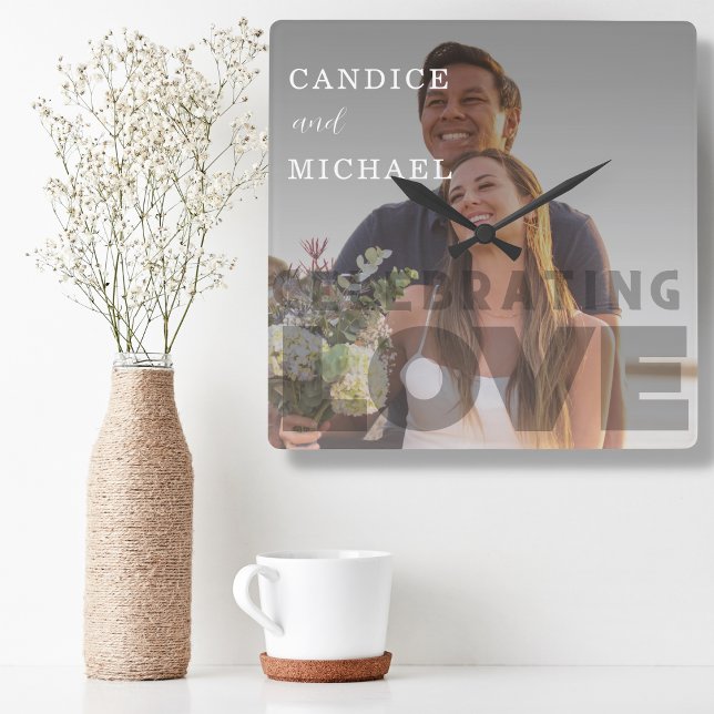 Relógio Quadrado Casamento De Fotos Brancas E Negras Modernas Elega (Criador carregado)