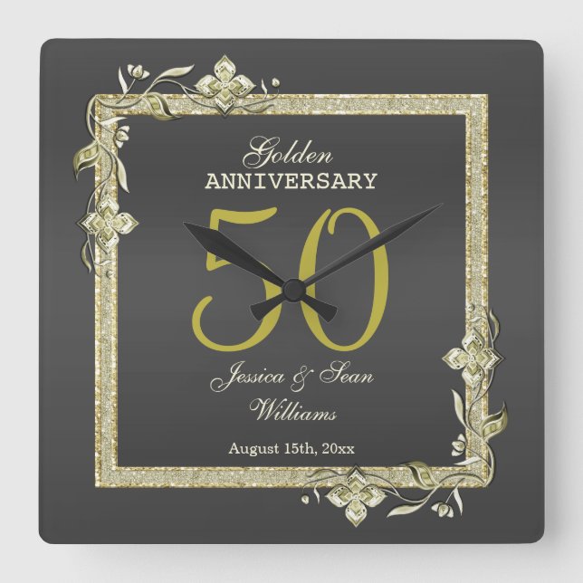 Relógio Quadrado Casamento de Ouros Dourado Gem & Glitter 50th (Frente)