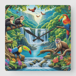 Relógio Quadrado Cascata tropical da floresta tropical úmida