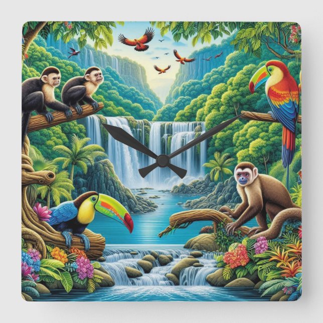 Relógio Quadrado Cascata tropical da floresta tropical úmida (Frente)