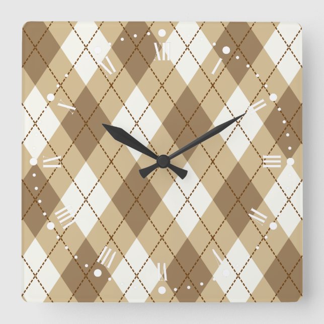 Relógio Quadrado Castanho Beige Argyle Padrão Acrylic Wall Clock (Frente)