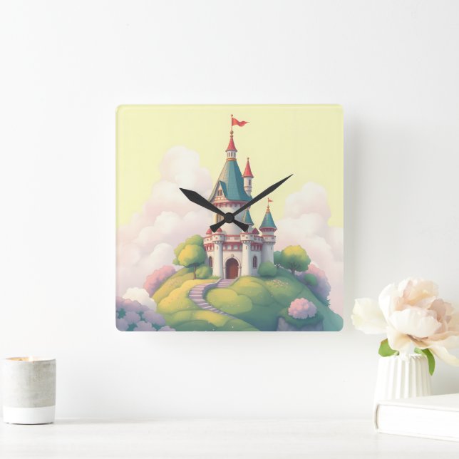 Relógio Quadrado Castelo caprichoso com jardim verde (Lar)