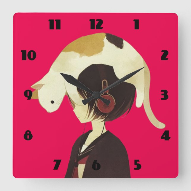 Relógio Quadrado CAT HAT - Criança Animadora com Gato (Frente)