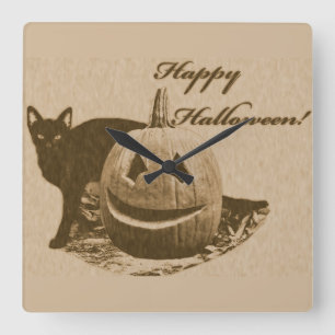 Relógio Quadrado Cat & Pumpkin Feliz Dia das Bruxas