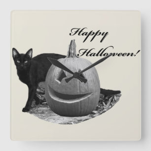 Relógio Quadrado Cat & Pumpkin Feliz Dia das Bruxas