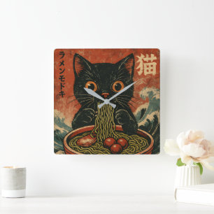 Relógio Quadrado Cat Ramen Japonês Engraçado Gráfico Kawaii