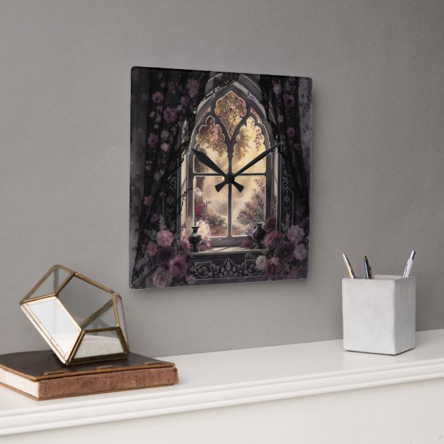 Relógio Quadrado Catedral Gótica Janela Rosas Roxos (Escritório)