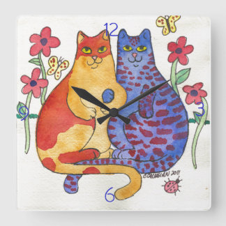Relógio Quadrado Cats Holding Hands Folk Art
