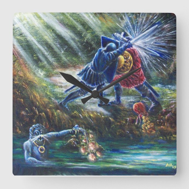 Relógio Quadrado Cavaleiros de luta de ROSA, dinheiro e diabo esque (Frente)