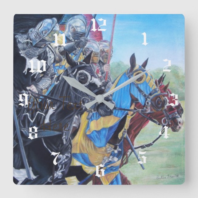 Relógio Quadrado cavaleiros medievais históricos a jorrar em cavalo (Frente)